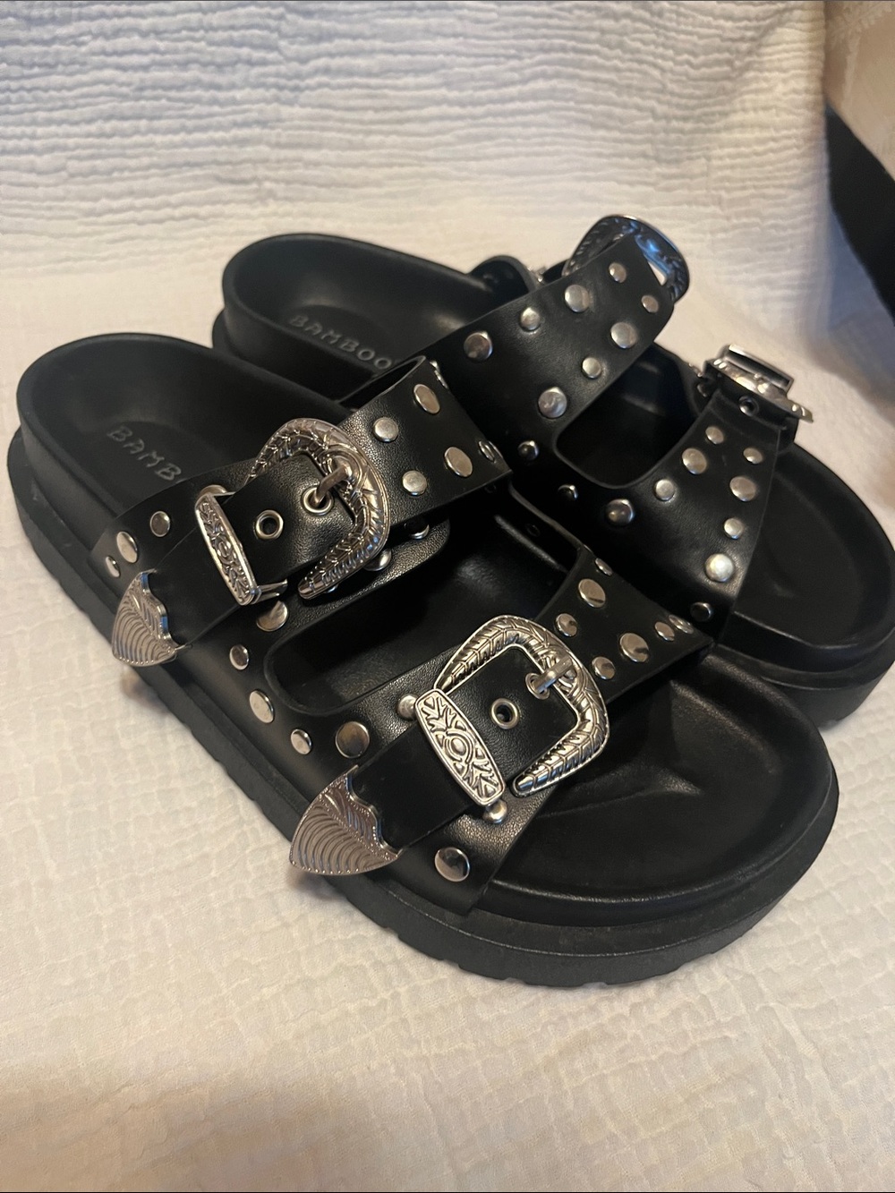 BAMBOO Studded Black Buckle Slide Sandals Size 5/36